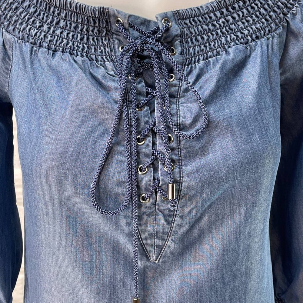 Bebe On Off Shoulder Dress Womens Small Blue Chambray ¾ Sleeve - Picture 3 of 11